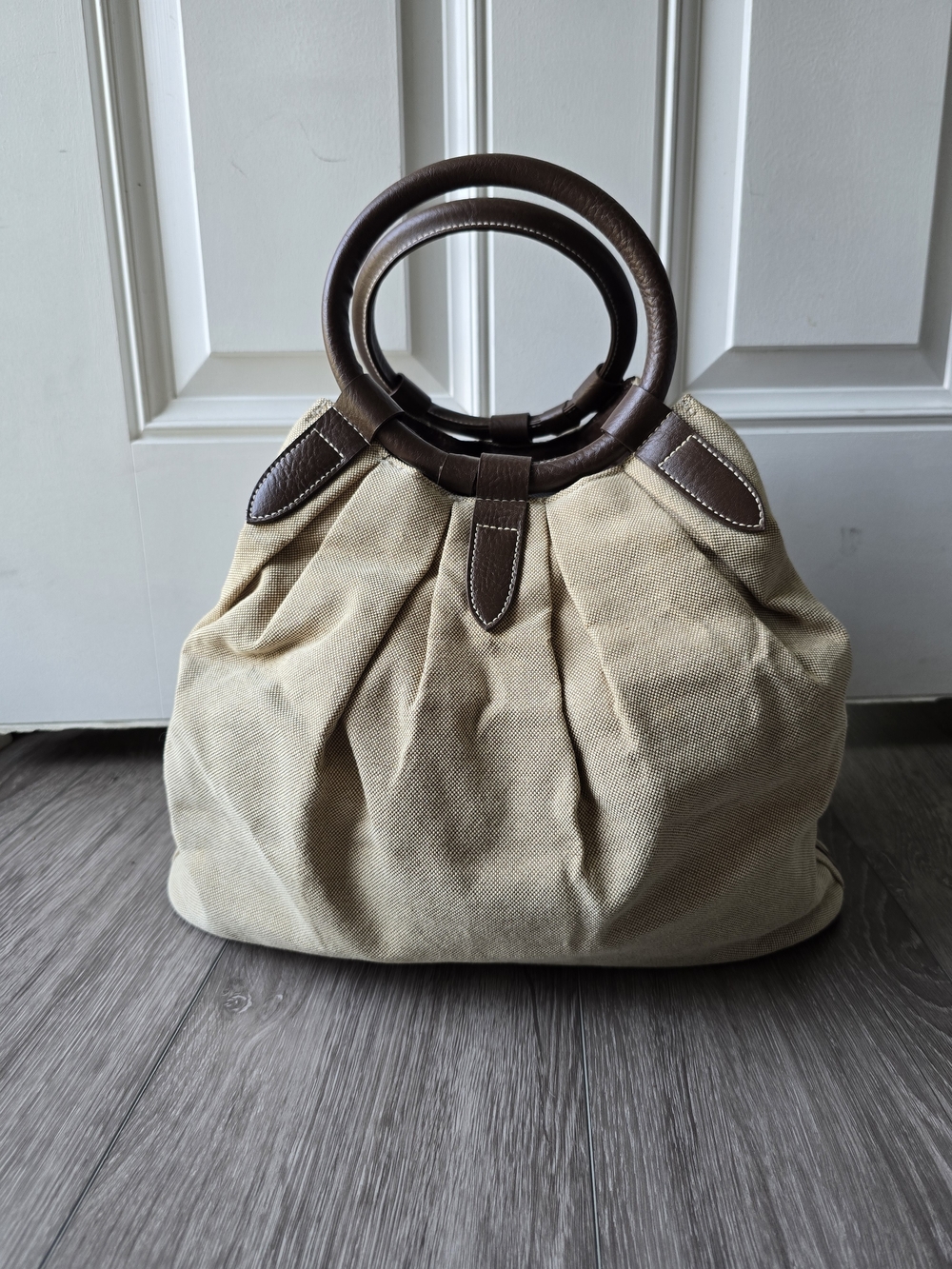 Estee Lauder Tan Canvas Ring Handle Tote Bag Brown Faux Leather Trim Hobo Purse